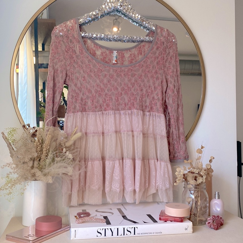 Vintage Free People Pink Lace Babydoll Tiered Top
